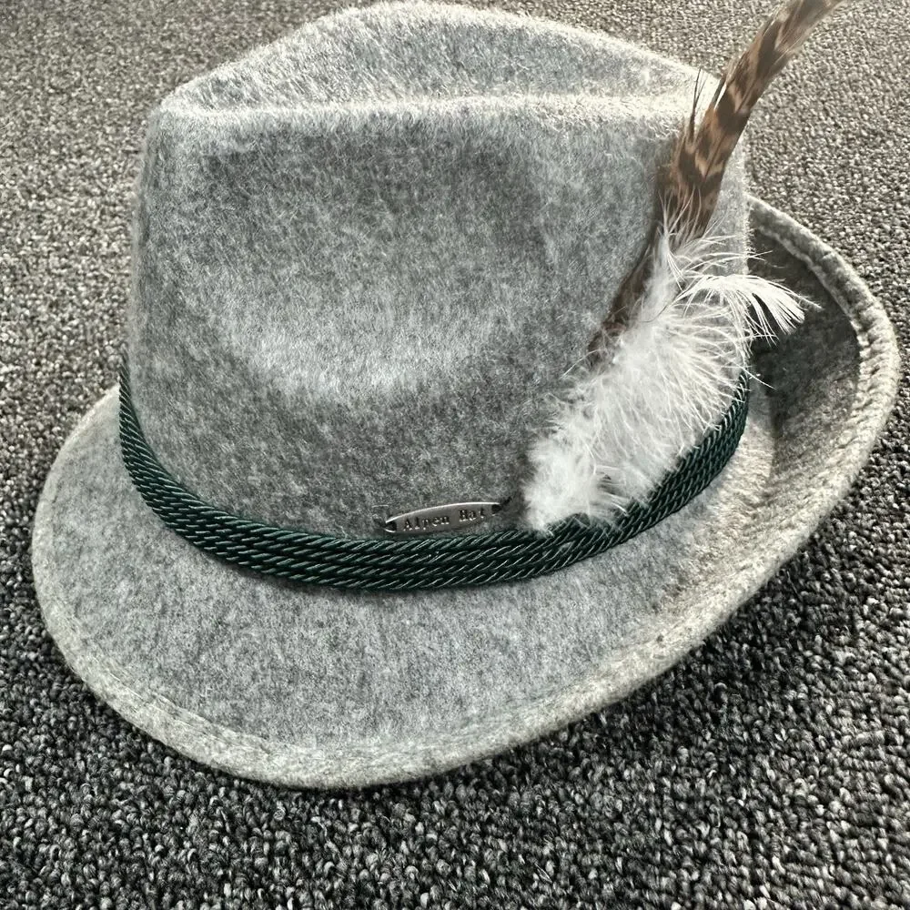 Allen Wool Hat Medium H650 German Oktoberfest W/ Feather Gray Green Sweatband